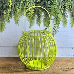 Neon Yellow/Green Metal Glass Lantern Pillar Candle Holder Hanging Garden Decor